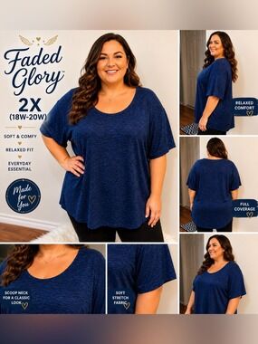 Faded Glory Blue Heather Semi Scoop Neck Tee Plus Size 2X (18W-20W) Relaxed Fit